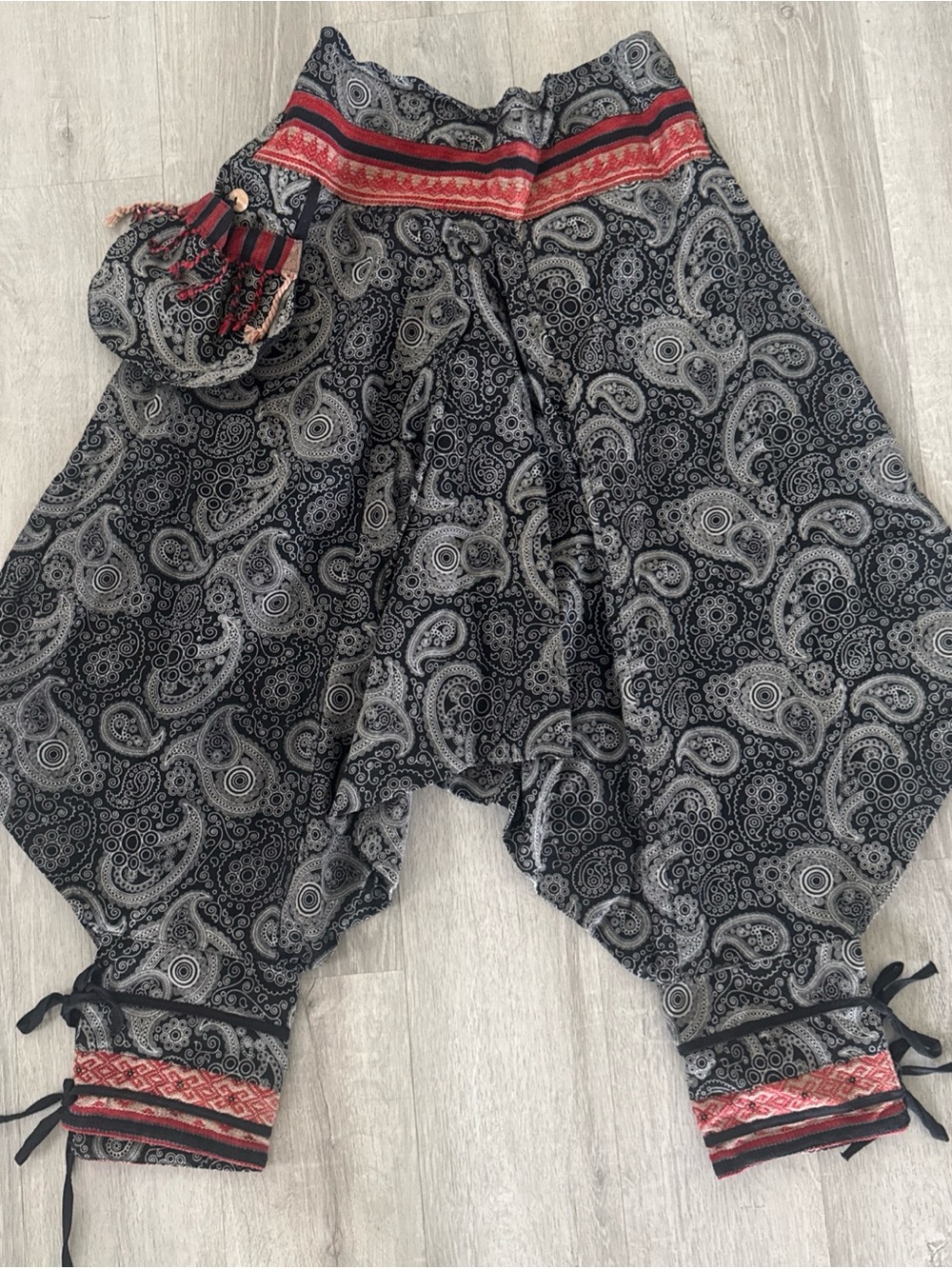 Harem Pants Paisley Thai Hill Tribe Fabric with Ankle Straps